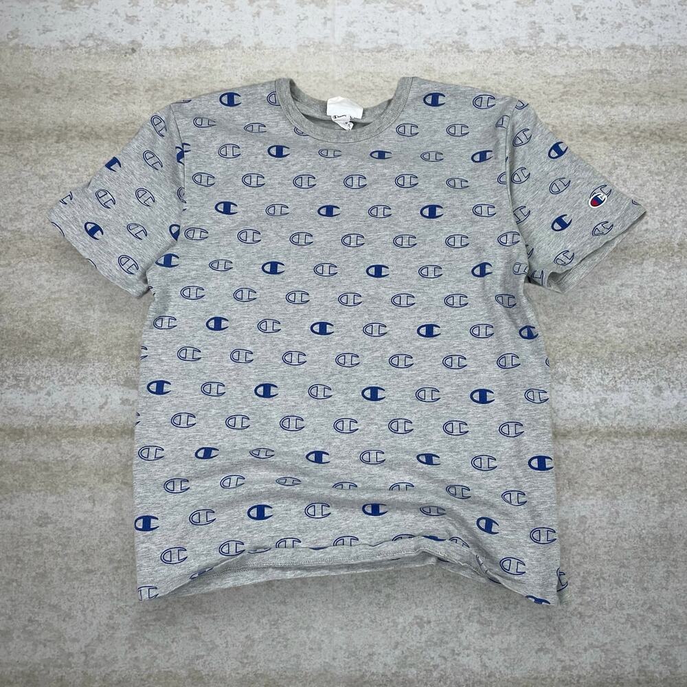 Vintage Y2K Champion Shirt Mens M Grey Reverse Weave Navy Blue Short Sleeve - Picture 1 of 4